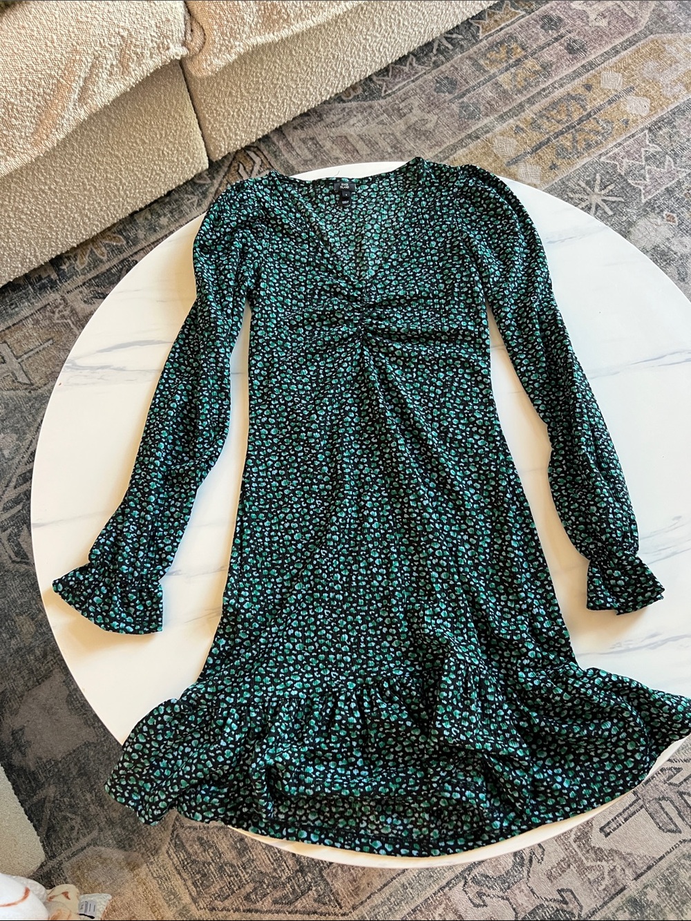 River Island Teal & Black Long-Sleeve Floral Ruffle Dress